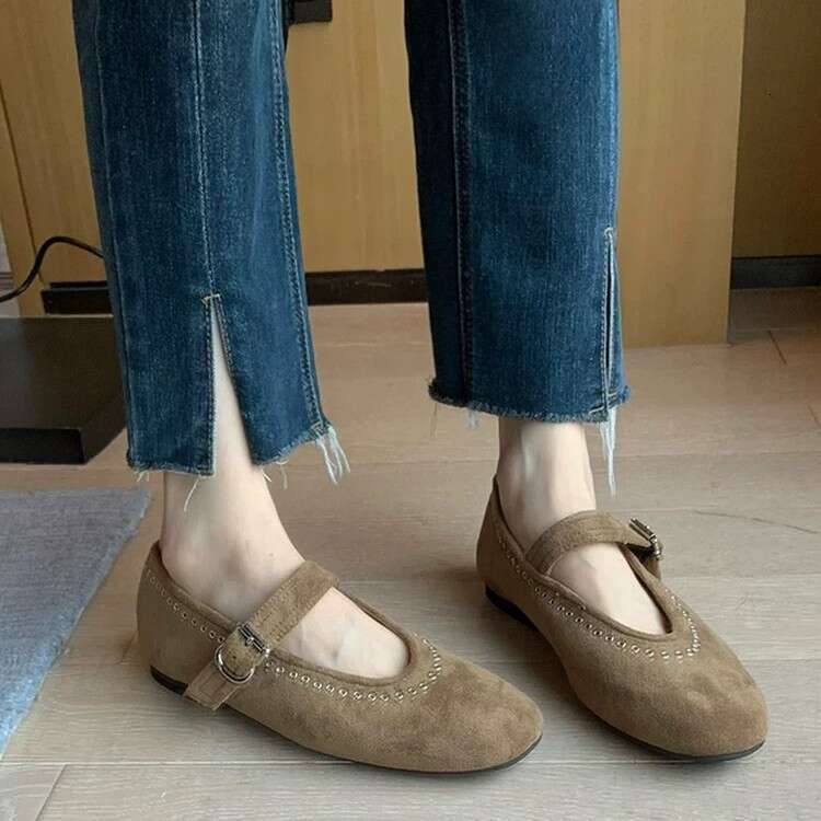 French Style Genuine Leather Suede Mary Jane with One-Strap Buckle, 2024 New Versatile Flat Round Toe Studded Single Shoes for Women