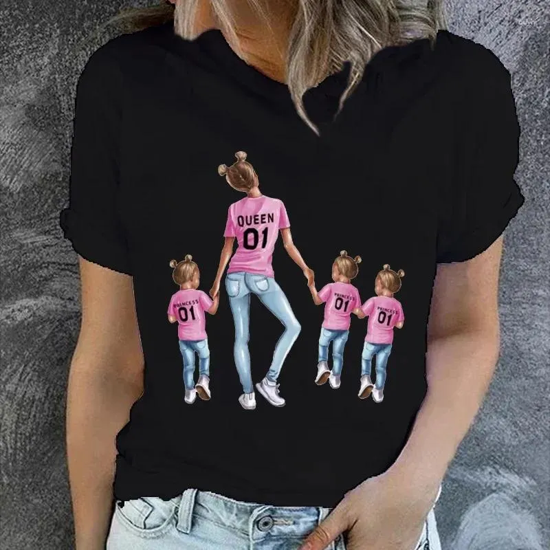 Women's T Shirts Women Cartoon Momlife Mom Mother Three Girls Print Lady T-Shirt Top Shirt Ladies Womens Graphic Female Tee