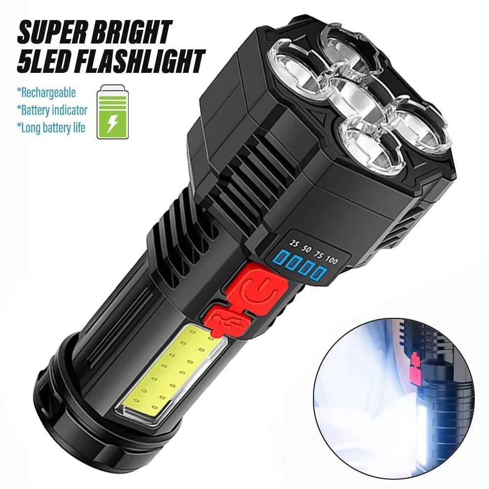 5 LED High Power LED Flashlights Rechargeable Camping Torch 5 Lighting Modes For Outdoor Camping Adventure Lamp with Side LightXJ250529