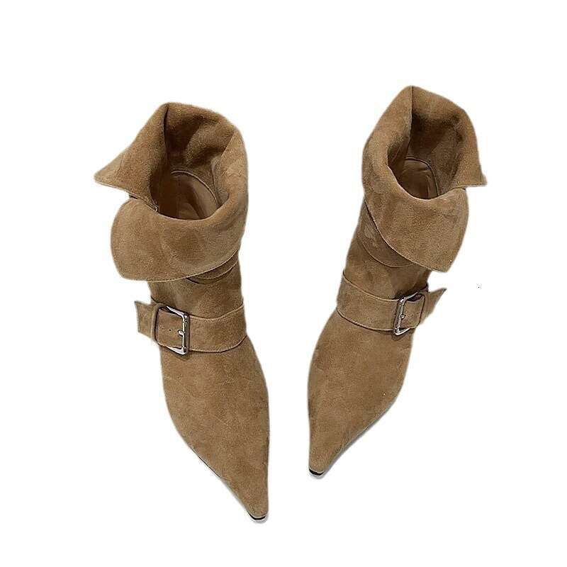 Korean Style Niche Two-Way Pointed Toe Western Cowboy Belt Buckle Chunky Heel Suede Mid-Calf Slim Short Boots for Women Autumn Winter