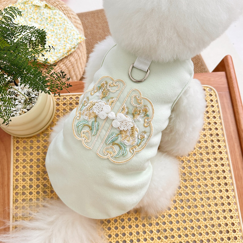 9Spring and summer new pet Chinese style dog cat clothes Teddy bear new Chinese style buckle embroidery drawable vest