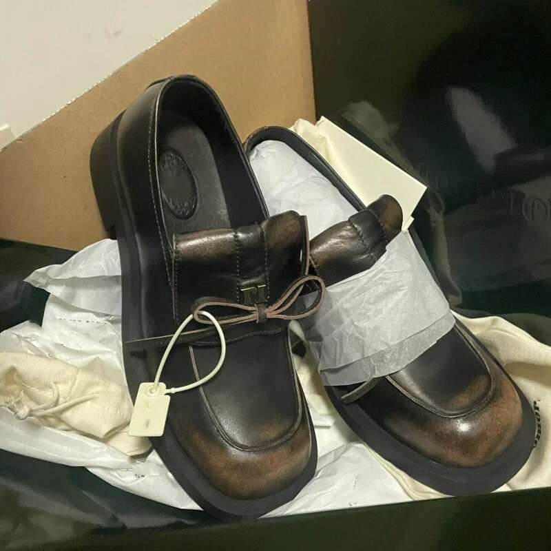 Genuine British Style Niche Square Toe Polished Color Bowknot Loafers for Women Spring Autumn Winter New Chunky Heel Small Leather Single Shoes