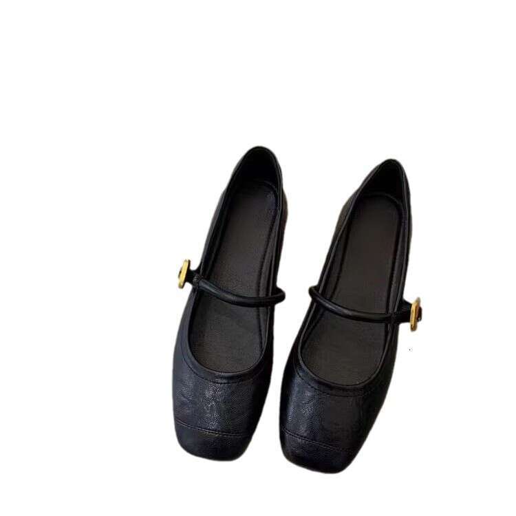 Genuine Small Gold Buckle Soft Sole Flat One-Strap Mary Jane for Women, Autumn Versatile Square Toe Leather Shoes