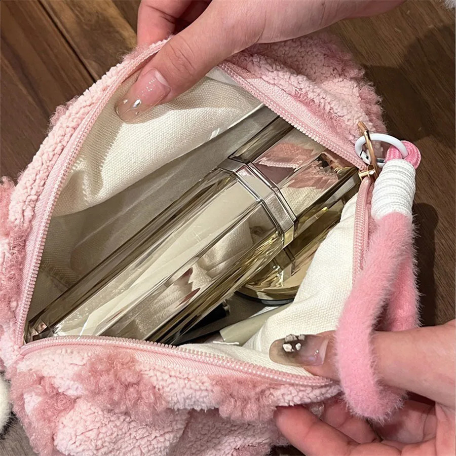 Plush Makeup Bags with Handle Soft Travel Cosmetic Storage Bag Portable Love Print Organizer Pencil Case Cute Clutch Pouch 250528