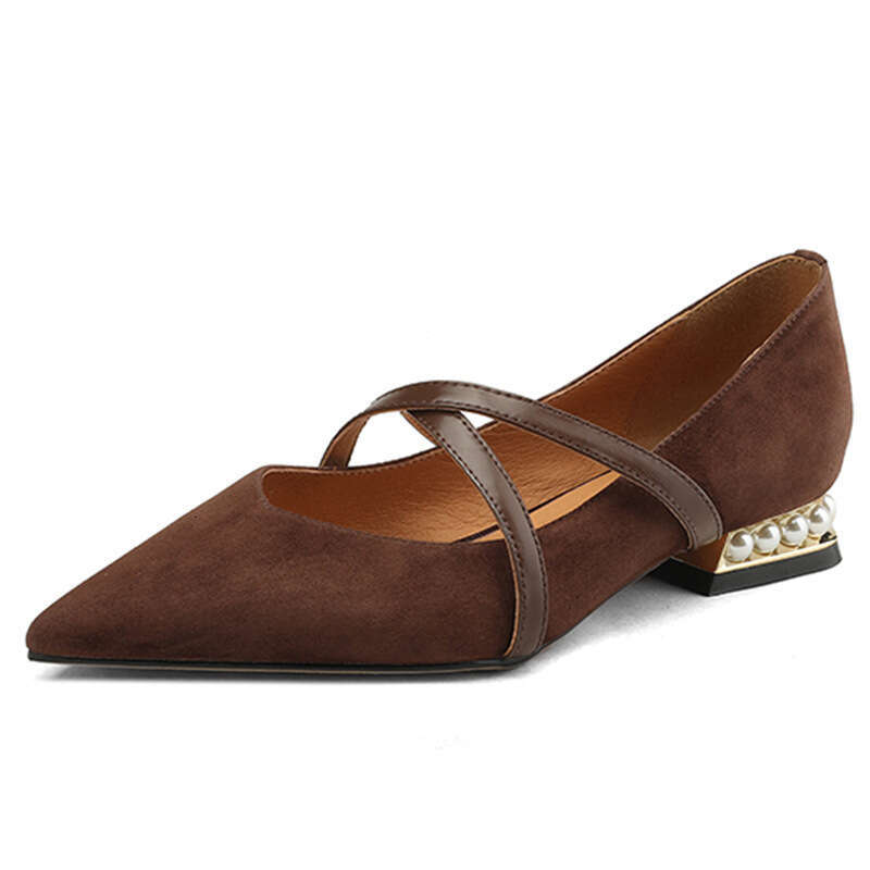 Chengdu Style ~ Pointed Toe Cross Strap Mary Jane Women's Spring Summer Genuine Leather Suede Shallow Mouth Single Shoes