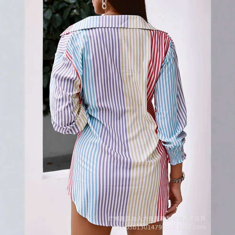 Women's Wear Women Summer Spring Loose Color Striped Shirt Mini Dress Long Sleeve Single Breasted Top Shirts