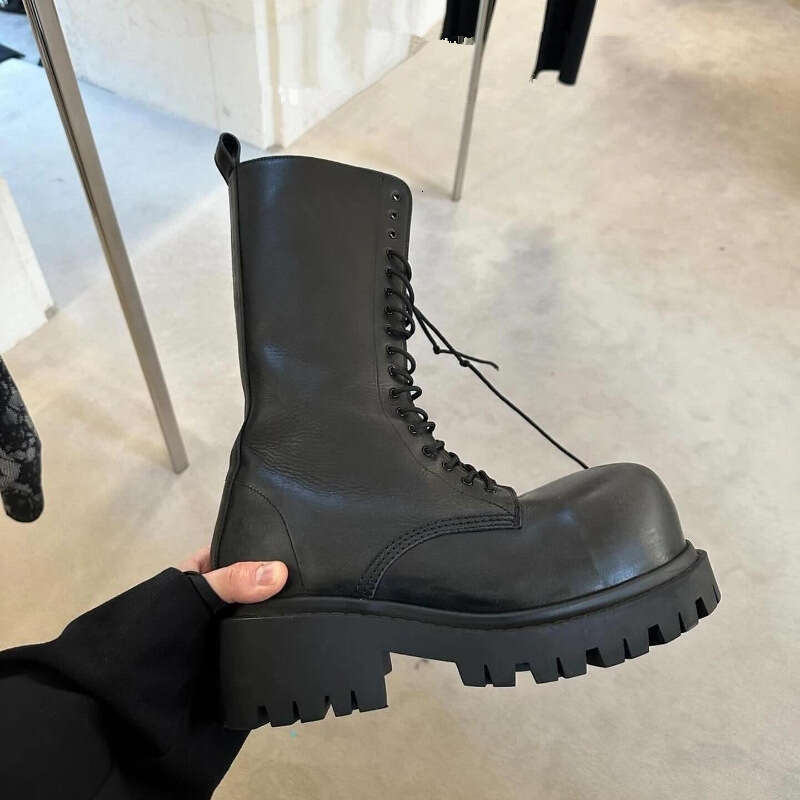 Genuine Leather Super Cool Chunky Martin for Women Round Toe Elevated Mid-Calf Unisex Heel Height Increasing Thick Sole Lace-Up Boots