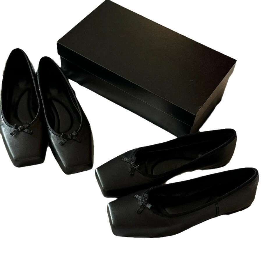 Genuine Leather Korean Style Niche Square Toe Shallow Mouth Bowknot Single for Women Spring and Autumn New Versatile Flat Ballet Shoes Loafers