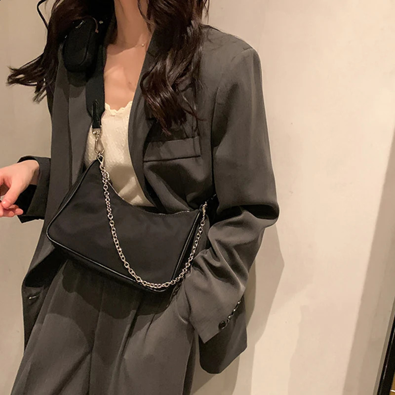 Casual Nylon Waterproof Women Shoulder Hobo Bags Fashion Cool Black Chain Decolr Armpit Crossbody With Small Purse 250523