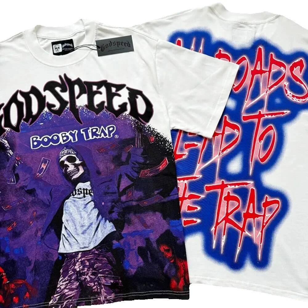 Summer Novelty, Godspeed American Fashion Street Rock Retro T-shirts, Short Sleeve T-shirts for Men and Women, Purple Skull Print GOD SPEED T-shirt