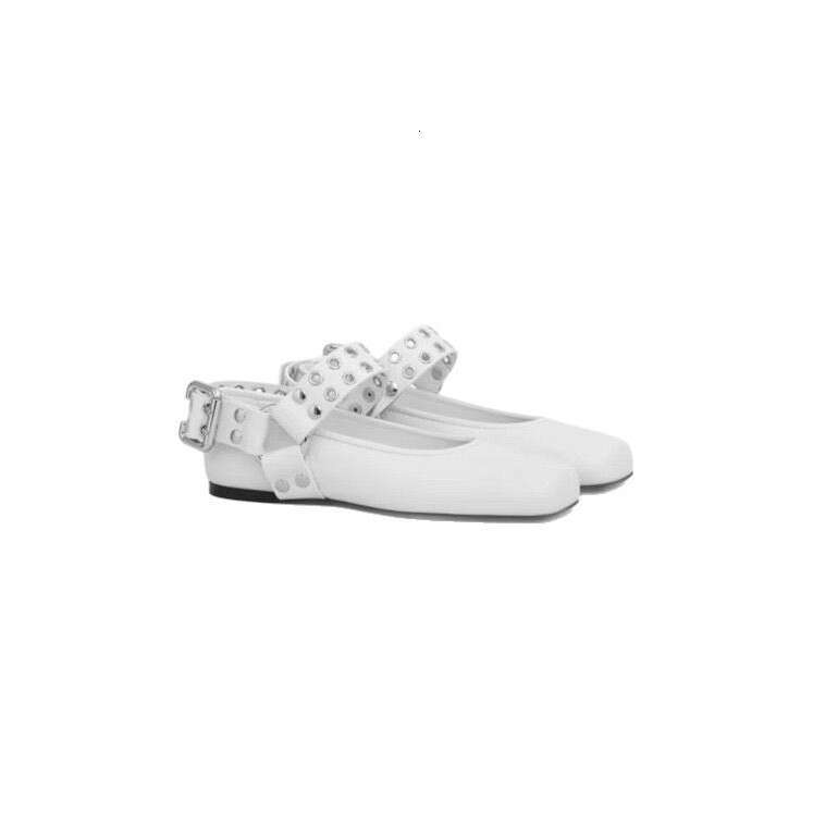 Genuine Leather Studded Buckle Square Toe Shallow Mouth Flat Ballet for Women 2025 Spring Mary Jane Shoes