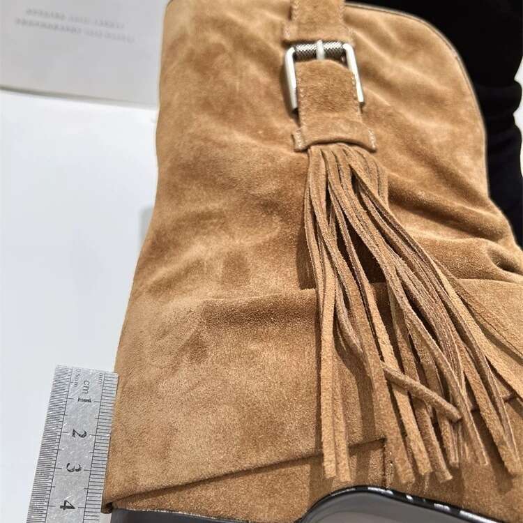 Genuine Leather Niche Suede Pointed Toe Tassel Slim Short Women 2024 Autumn Winter New V-Cut Fashion Martin Boots