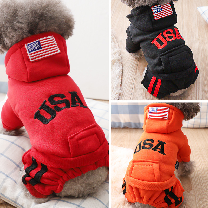 Dog Hoodie Fashion Embroidery 'USA' 4 Legs Jumpsuit Sweatshirt Hoodies, Soft Warm Dog Outfit Pullover Dog Winter Clothes Sweater for Small M