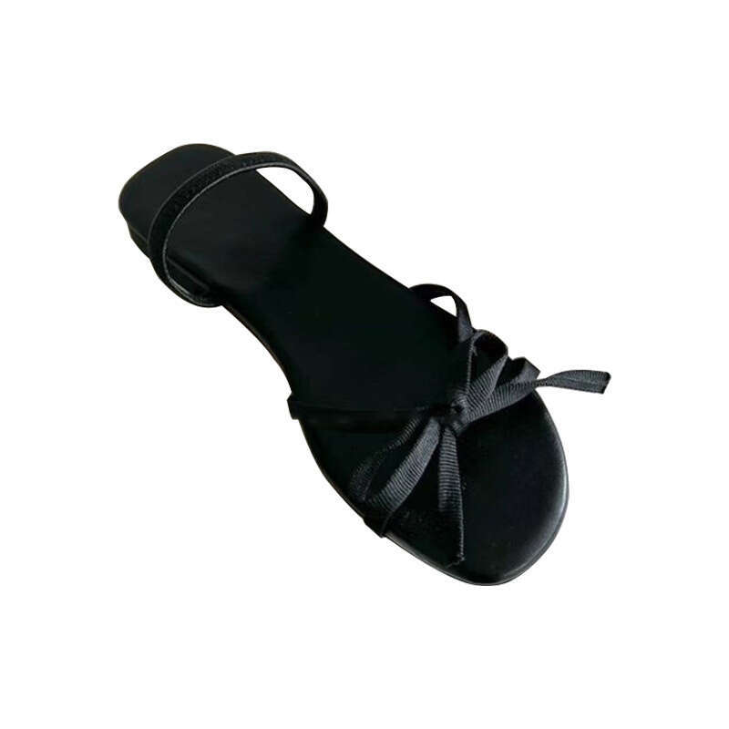 Korean Style Genuine Leather Simple One-Strap Bowknot Open-Toe Flat Sandals for Women Summer New Two-Way Wear Slippers