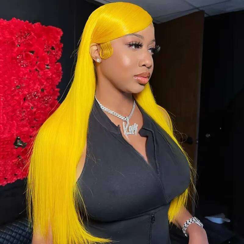 300 Density 13x6 HD Front Lemon Yellow Colored 40Inch Straight Lace Frontal Wig PrePlucked Human Hair Wigs