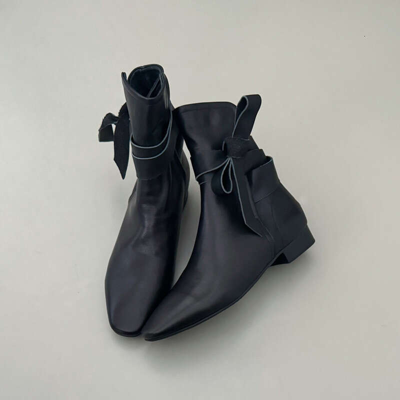 Korean Style Niche Genuine Leather Square Toe Bowknot Lace-up Slim Short Women Autumn Winter Chelsea Martin Boots