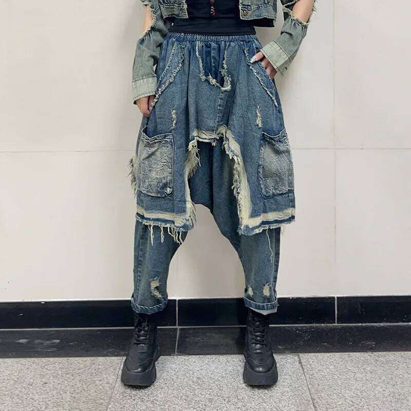 Getspring Women Jeans 2025 Spring Autumn Elastic Waisted Pocket Harem Pants Fashion Loose Casual Long Denim Trousers