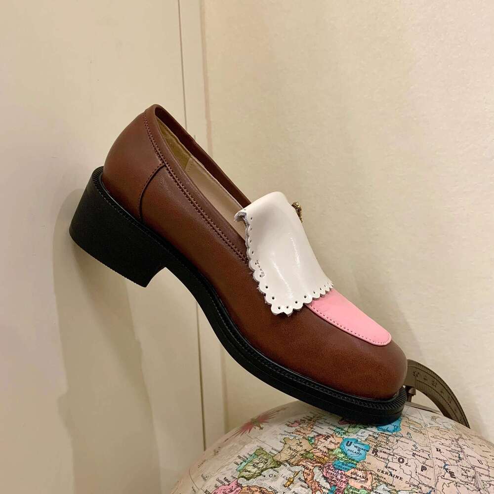 Genuine Gentle Style Niche Color Block Thick Sole Chunky Heel Round Toe Loafers for Women Spring and Autumn New Small Leather Deep Mouth Single Shoes