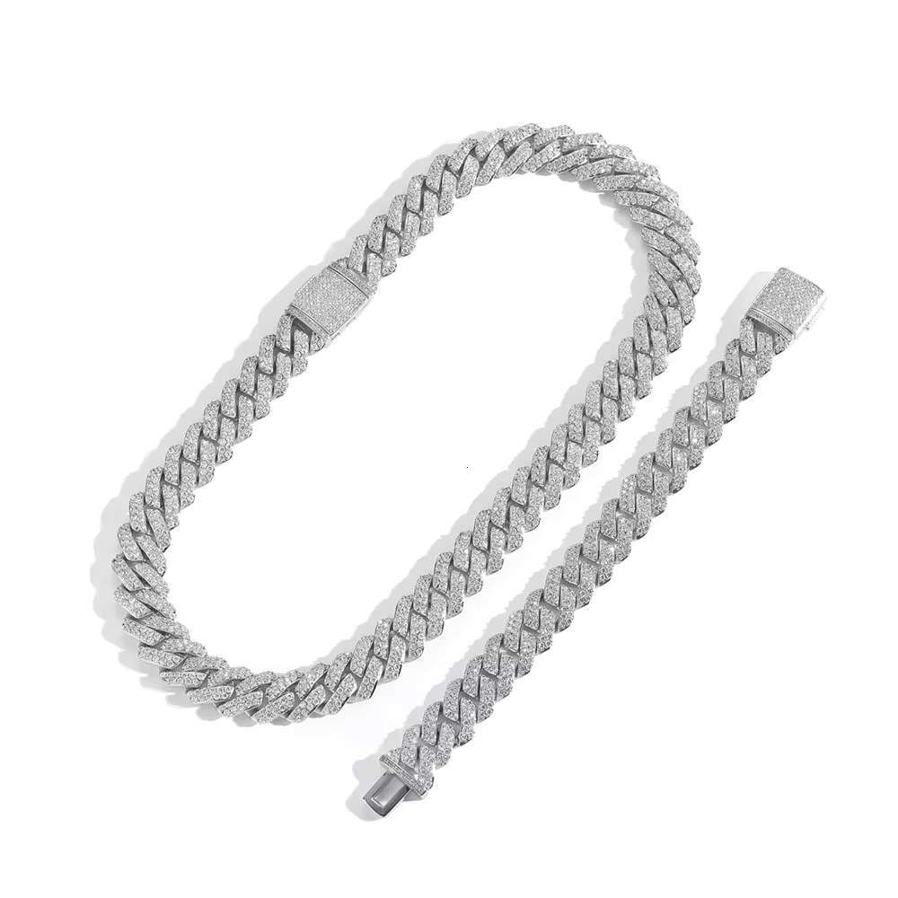 NUOYA 10/15MM Two Rows VVS Moissanite Iced Out Diamond Chain 925 Sterling Silver Necklace Miami Cuban Link Chain for Men