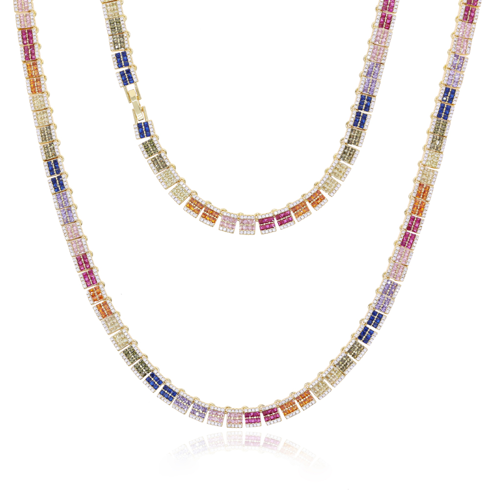 sdzstone 2025 NEW design Iced Out Rainbow Colorful Tennis Necklace Square Cubic Zirconia Paved Tennis Chain Cuban Link Dainty Jewelry Gift