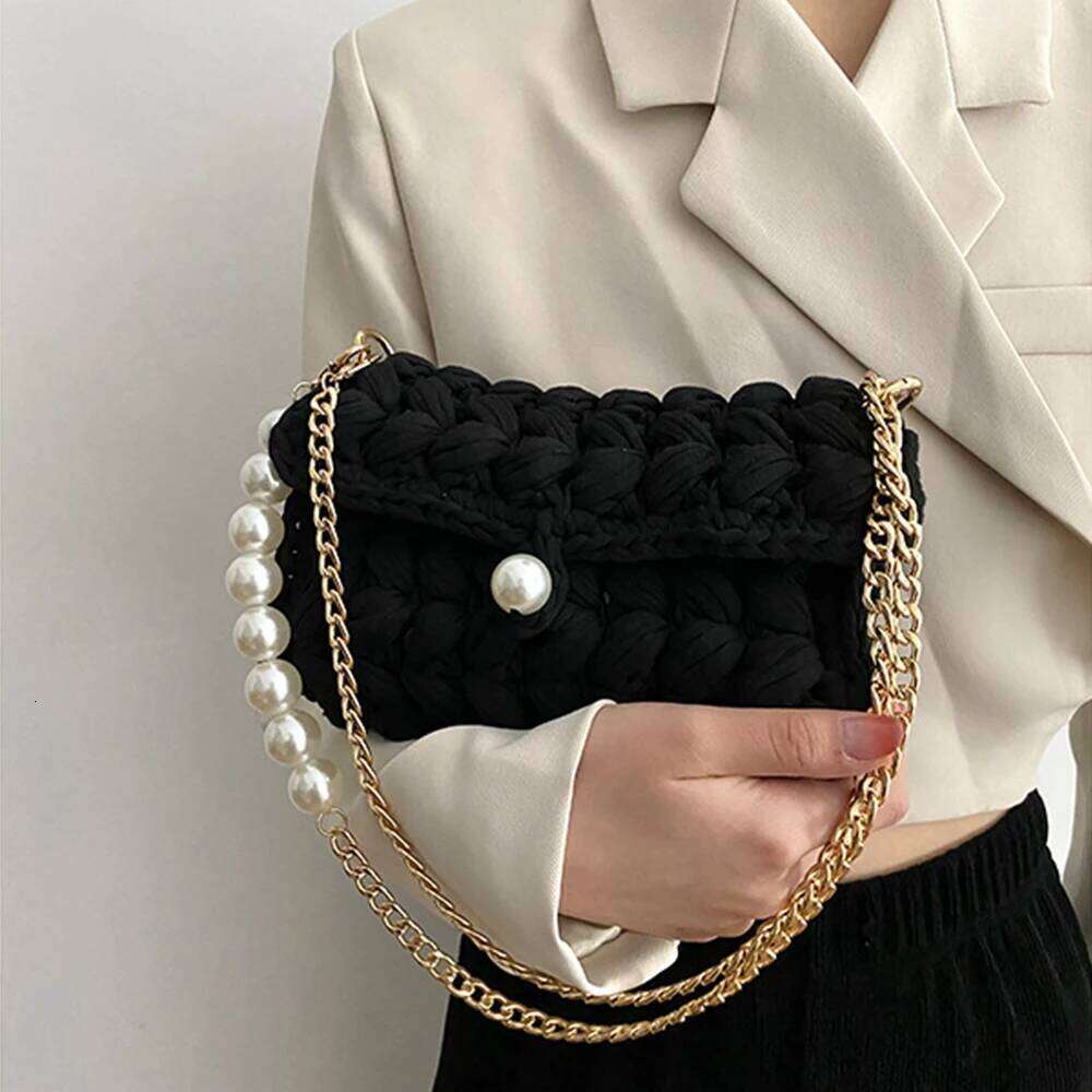 Women's Bags Designer Handmade Rope Crochet Women's Shoulder Designer Knitting Crossbody Bags For Women Handbags Pearls Chains Sling Bag Tot