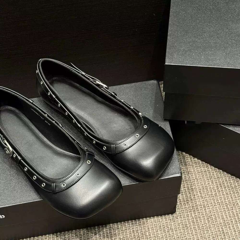 Genuine Leather French Niche Square Toe Shallow Mouth Studded Punk Single for Women 2025 New Spring Summer Ballet Flat Shoes