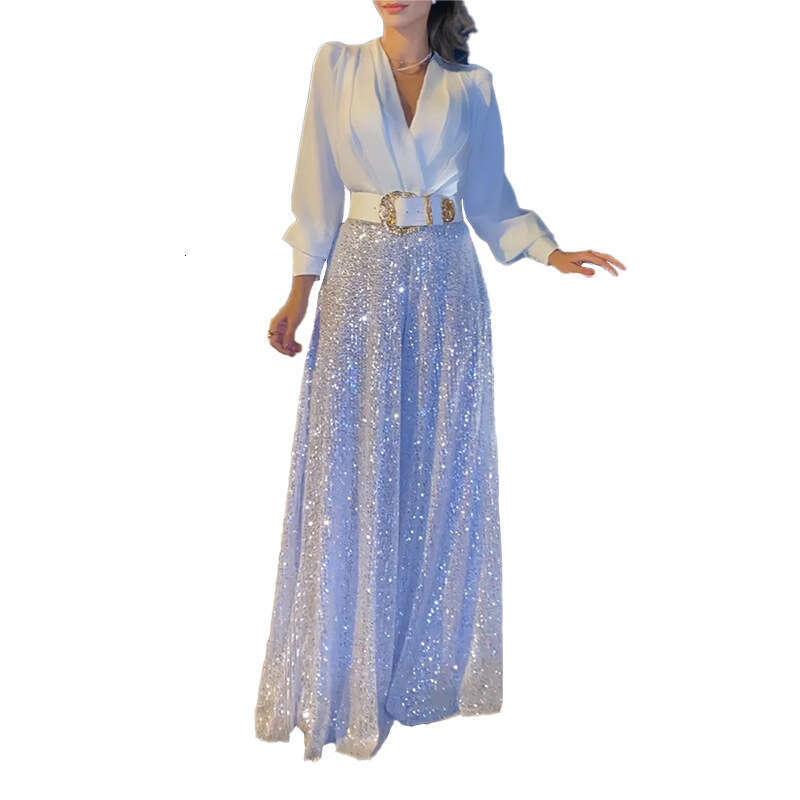 Summer New Fashion Solid Color V-Neck Long Sleeve Shirt Sequin Wide-Leg Pants Jumpsuit B5