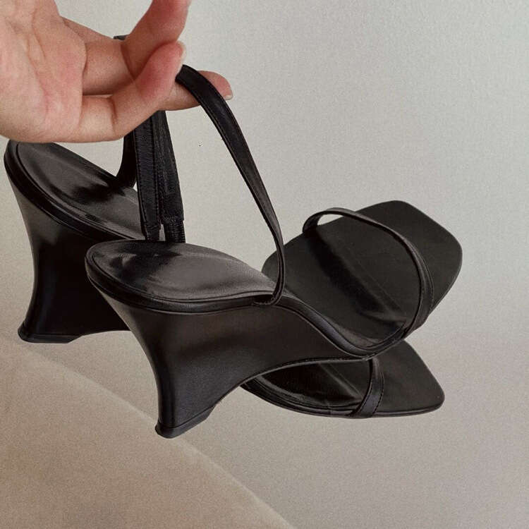 French Style Summer One Strap High Half Mules Niche Design Wedge Thick Heel Square Toe Sandals Women's Shoes