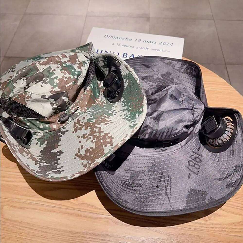 with UV Protection Solar Fan Adjustable 3 Speeds Wide Brim Sun Cap Camouflage Breathable Cooling Fisherman Hat Outdoor