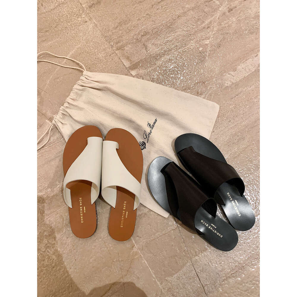 In Stock Su Yinyin Same Style Lazy Loose Genuine Leather Toe Post Flat Slippers for Women Summer Outdoor Fashion Sandals