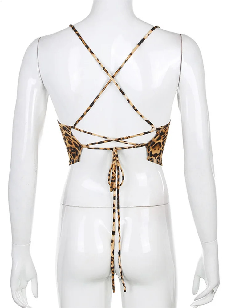 Leopard Pattern Women Tank Tops Backless Sexy Rave Outfits Sleeveless Cross Lace Up Bralette Crop Top Summer Streetwear 250527