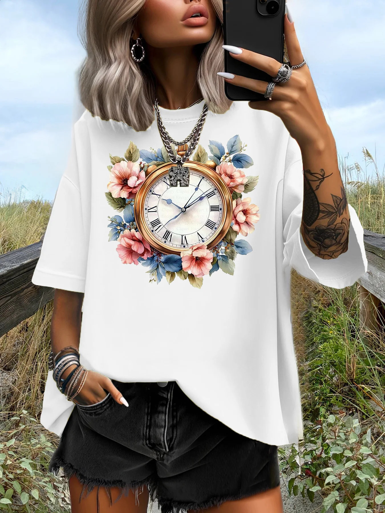 Summer Womens Plus Size TShirt Original n Fashion Flower Clock Pattern Print Casual Round Neck Short Sleeved Tops 250519