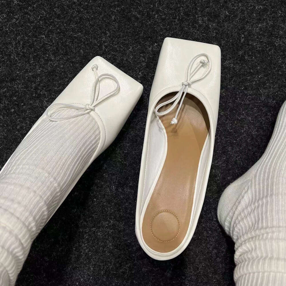 Genuine Leather Niche Design Bowknot Square Toe Flat Mules for Women Outdoor Spring Summer New Sandals Single Shoes