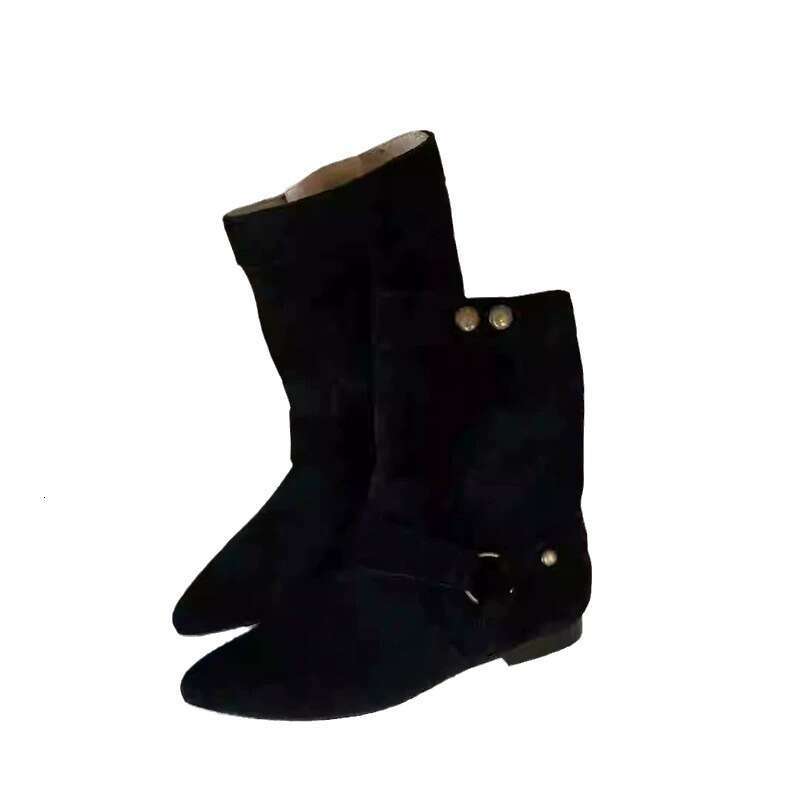 Korean Style Suede Niche Pointed Toe Buckle Flat Short for Women Autumn Winter Versatile Slim Western Cowboy Martin Boots