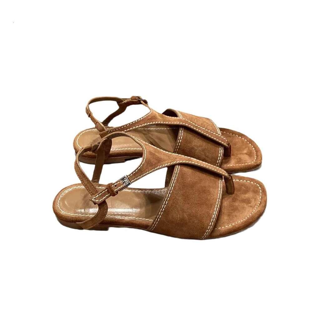2024 New Summer Suede Toe Post Flat Roman Sandals for Women Genuine Leather Versatile Back Strap Slippers