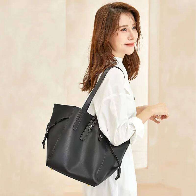 New Women Large Capacity Commuter Tote Teenage Girl Fashion All-Match Single Shoulder Bag Lady Daily Using Split Leather Handbag
