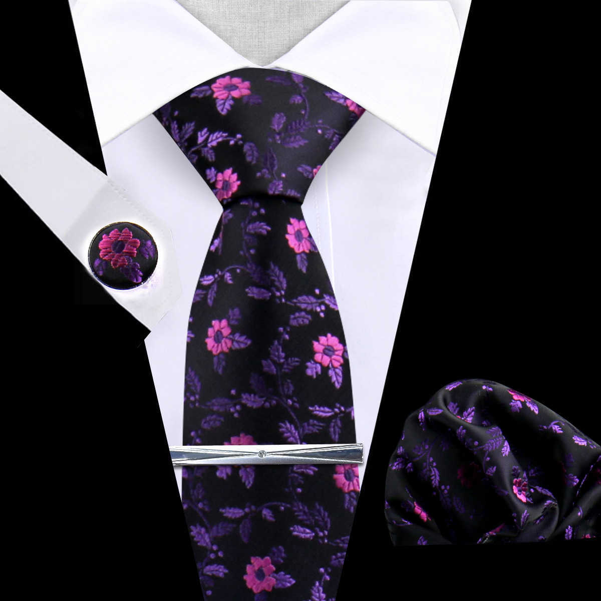 Mens Tie Set Silk Silver Paisley Floral Necktie and Pocket Square Cufflinks Tie Clip Classic Formal Ties for Men Wedding Party X250407