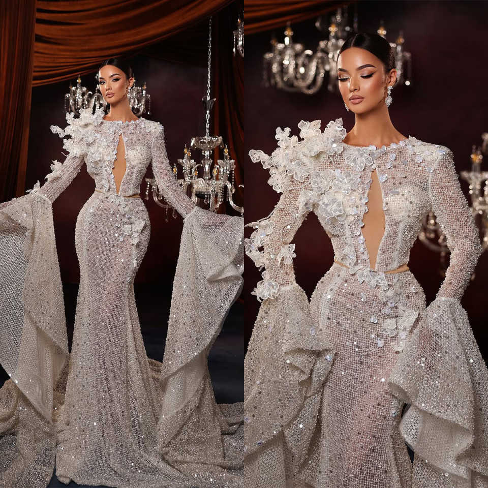 Stunning Mermaid Wedding Dresses Sexy 3D Flowers Appliques Bridal Gowns Dress Customized Sequined Pleats Vestio De Novia