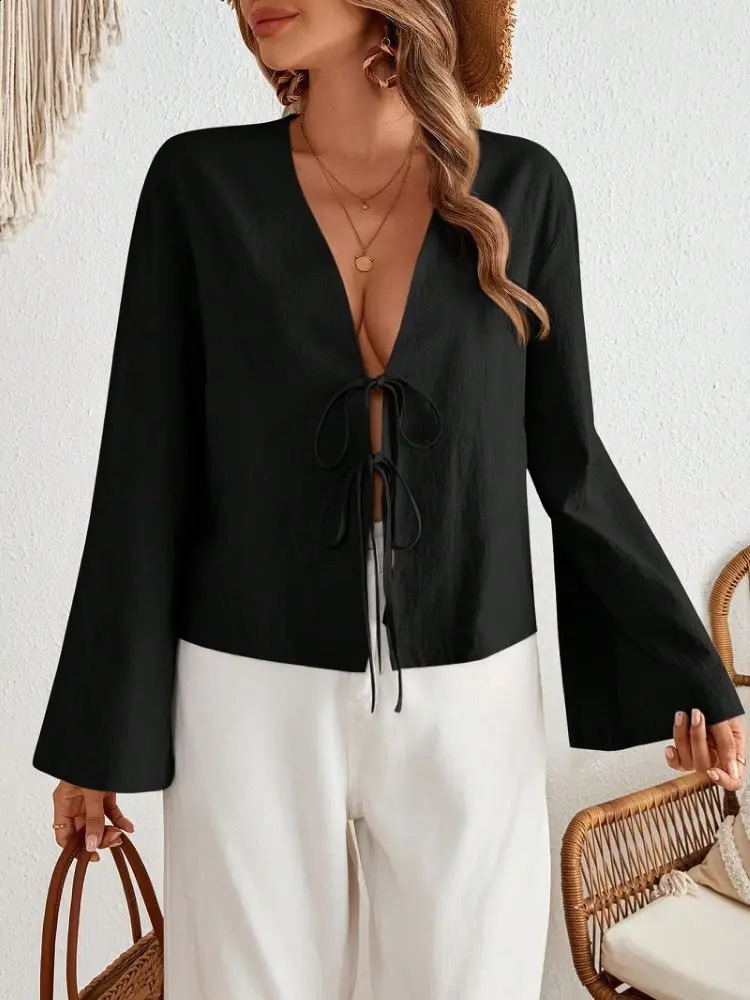 Sexy Lace Up Hollow Out Shirt Women Loose Solid Vneck Lantern Sleeve Tops Female 2024 Summer Casual Fashion Lady Short Blouses 250529Z