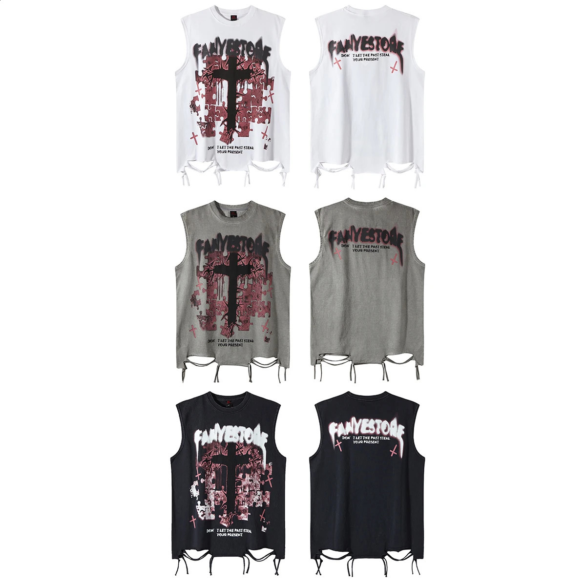 Summer Retro Cross Printed Tank Tops Y2k Men Oversize Sleeveless White Tshirt Hole Cut Vintage Washed Vest Cotton Streetwear 250517