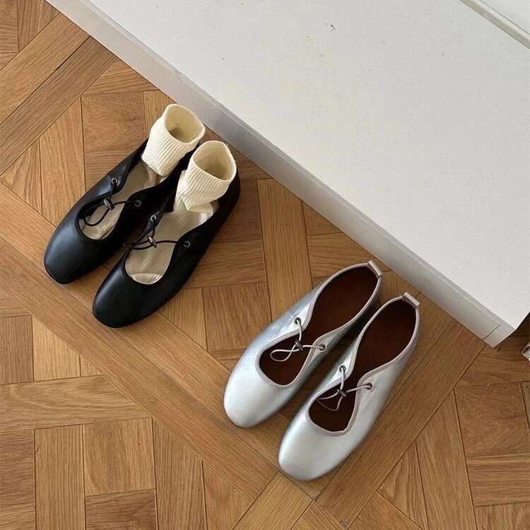 Korean Style Genuine Leather Niche Silver Flat Ballet Drawstring Round Toe Mary Jane Single Shoes Women Spring Autumn New Loafers