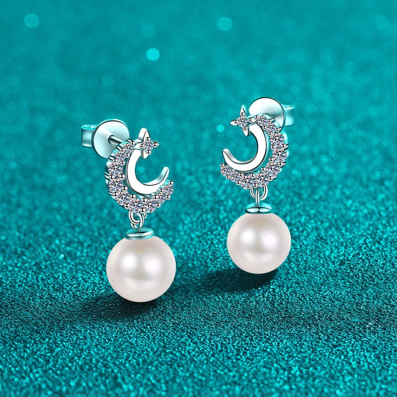 Moissanite S925 Silver Pearl Stud Earrings for Women, Fresh and Cute Star Moon Design, Sweet Fashionable Earrings with Elegant Charm