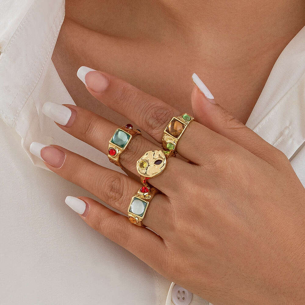 Jewelry Fashion Colorful Inlaid Geometric High-end Irregular Alloy Ring