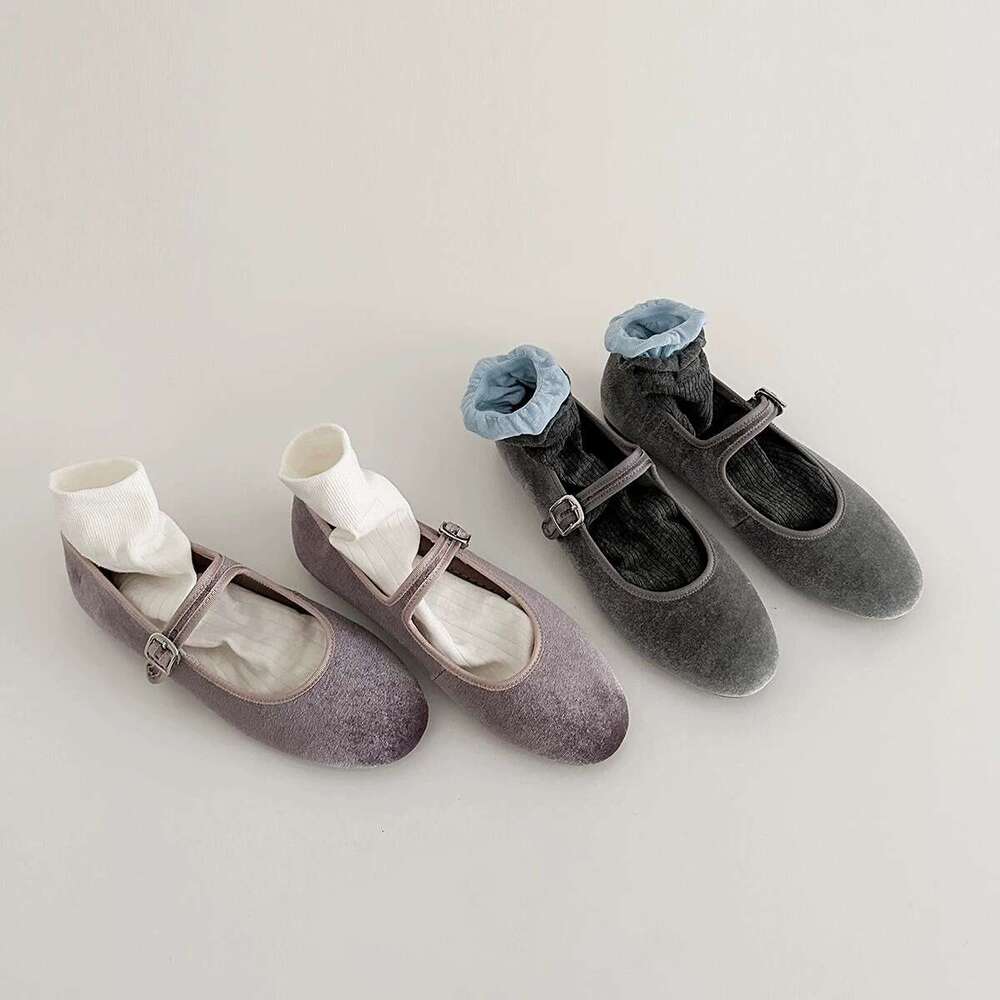Genuine Leather Velvet French Style Shallow Round Toe One-Strap Mary Jane Shoes for Women 2025 Spring Ballet Flats