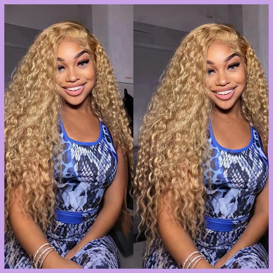 Honey Blonde Curly Wigs Human Hair Deep Wave 13x6 HD for Women 30 inch Colored Wigs Cheap on Sale Synthetic Lace Frontal Wig