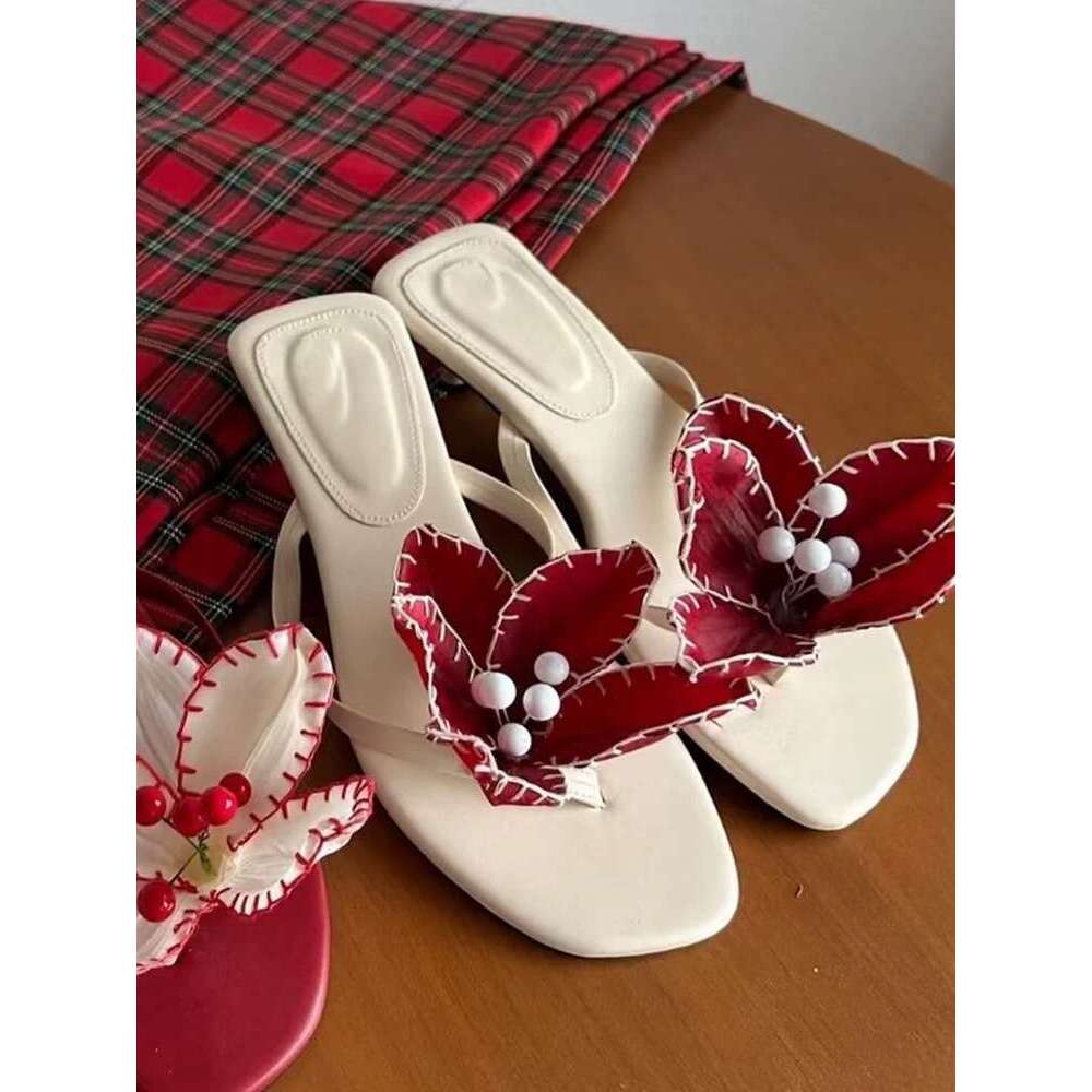 Cowhide Version ~ Niche Floral Thin Toe Post Sandals for Women Summer Outdoor 2025 New Beach Cat Heel Slippers