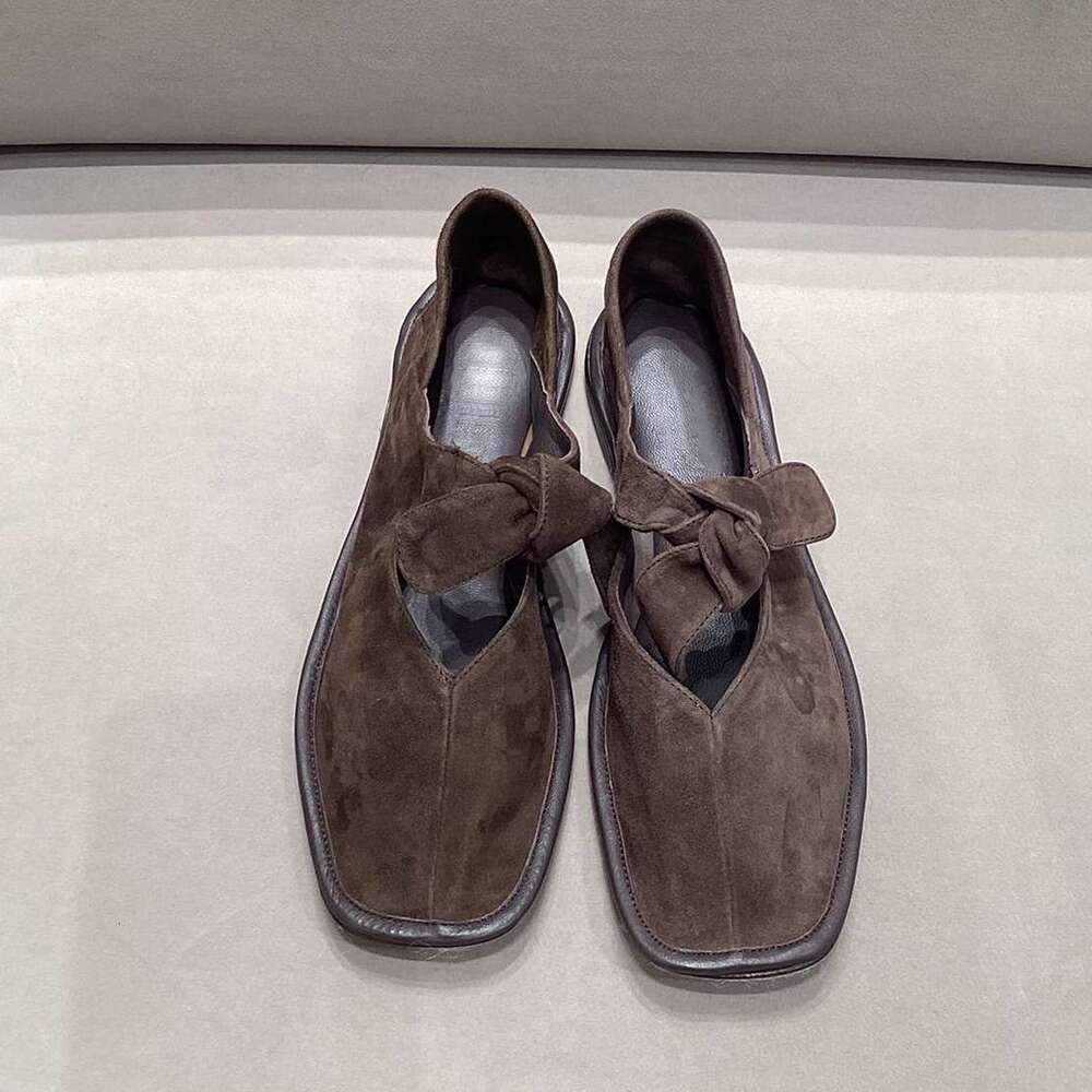 Genuine Leather Suede Niche Bowknot Step-On Two-Way Square Toe Single for Women Spring and Autumn Mary Jane Ballet Flat Shoes