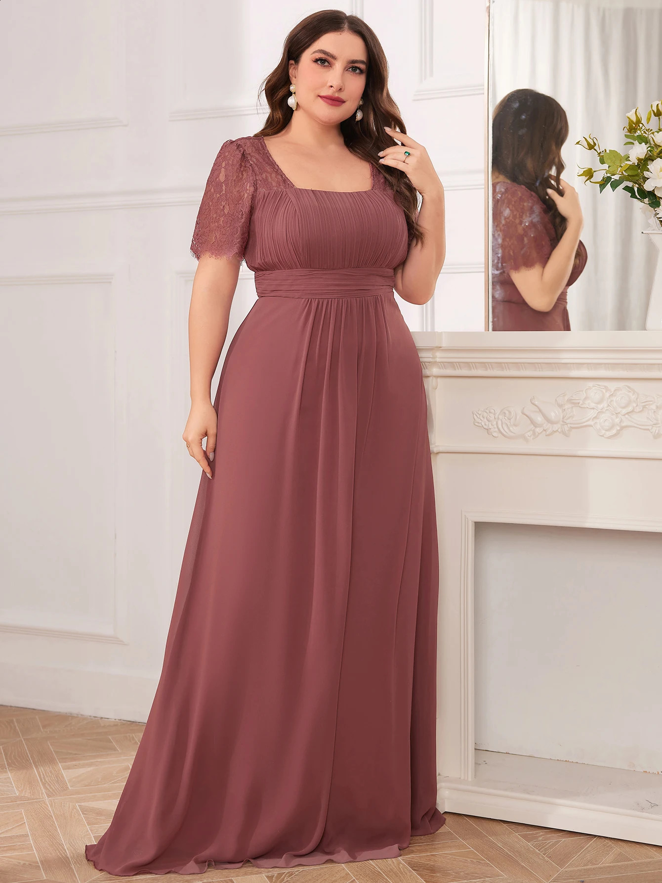 Unithorse Plus Size Womens Lace Applique Sleeve Bust Ruched Chiffon Formal Evening Dress 250517