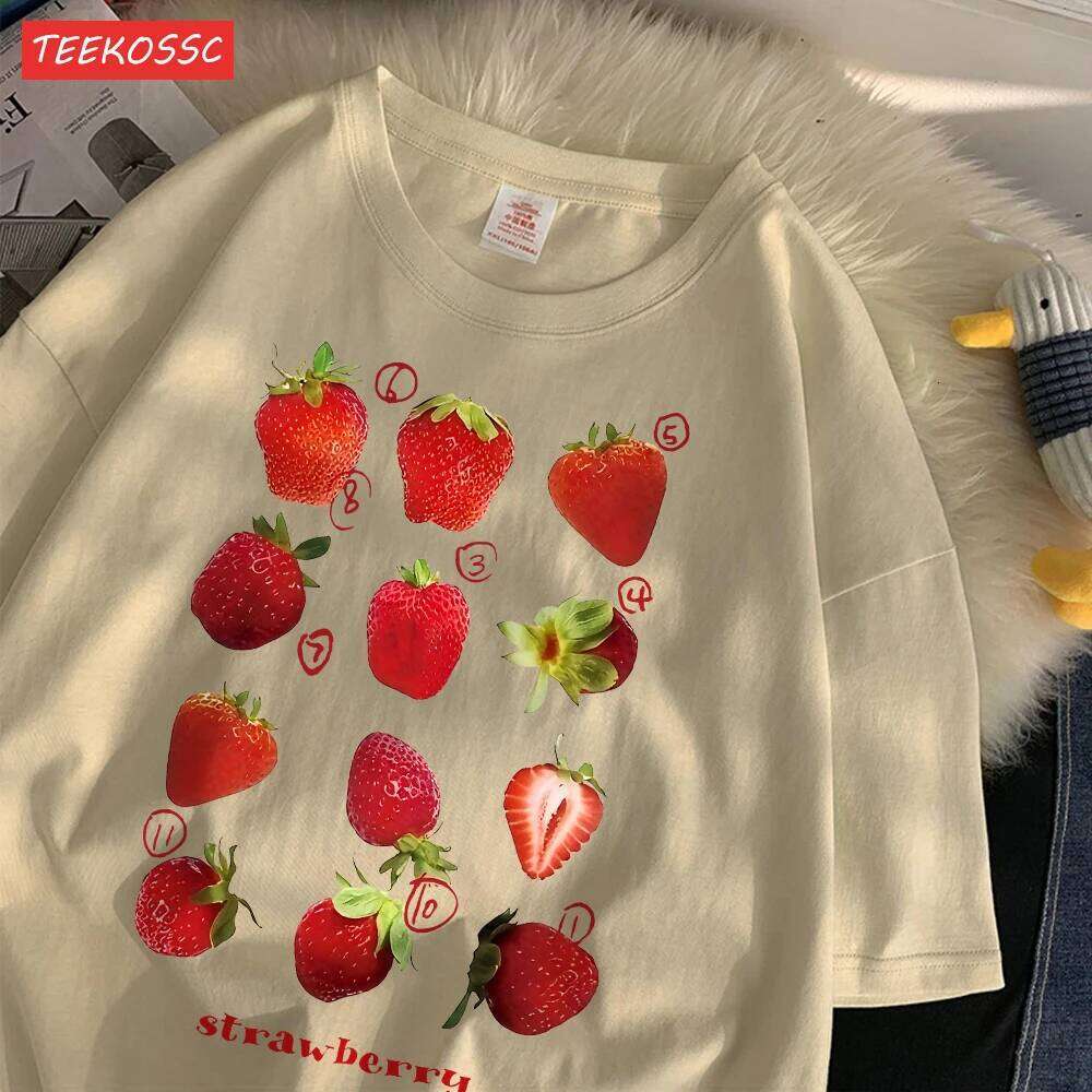 hoodie Women's Wear 100% Cotton Women T-Shirt Cute Fresh Strawberries Printed Tee Shirt Summer Comfortable Loose Tops Street Fashion Female Cloth