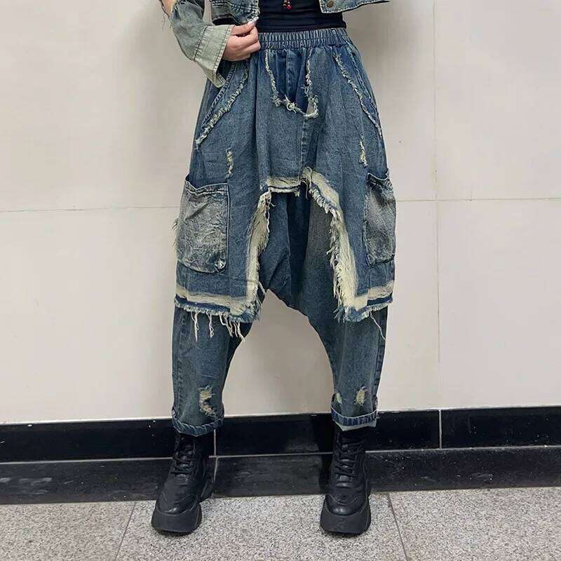 Getspring Women Jeans 2025 Spring Autumn Elastic Waisted Pocket Harem Pants Fashion Loose Casual Long Denim Trousers